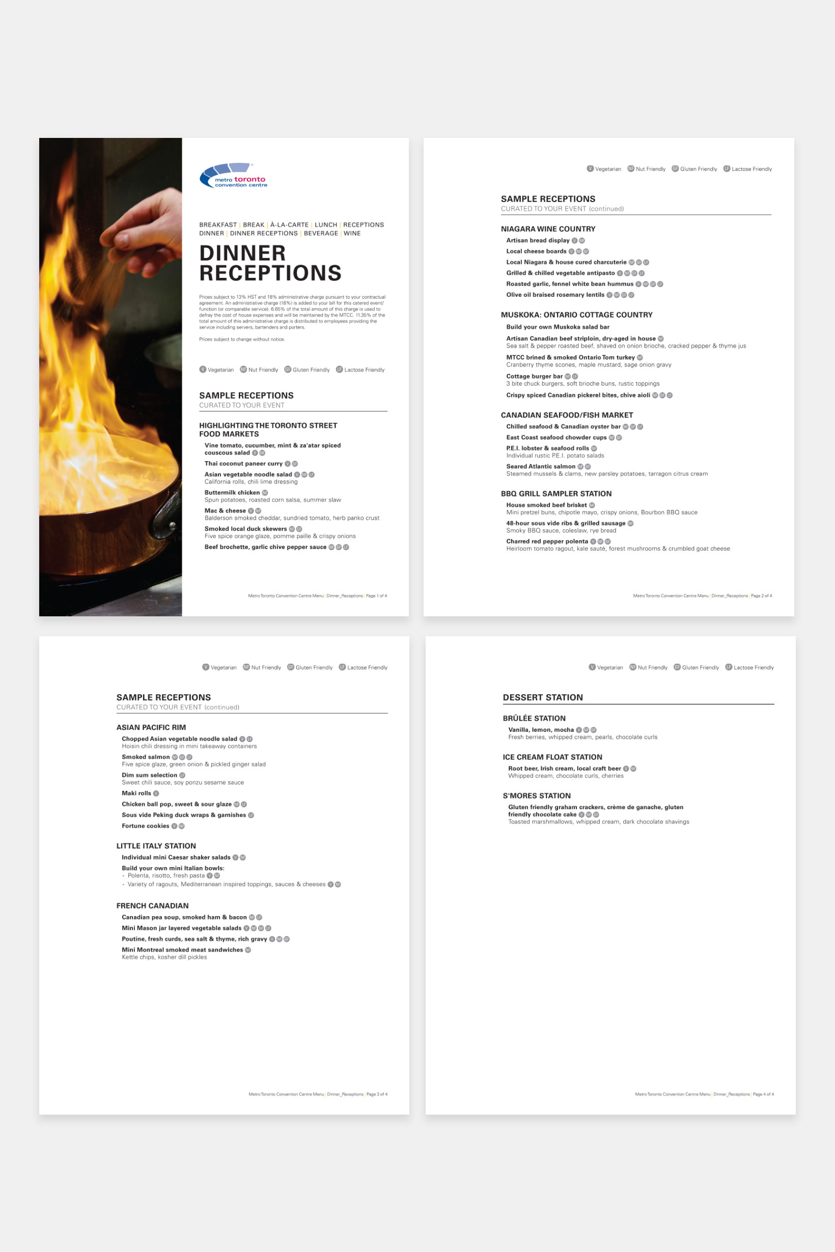Featuring the Dinner Receptions menu, with image of a fire in a wok.
