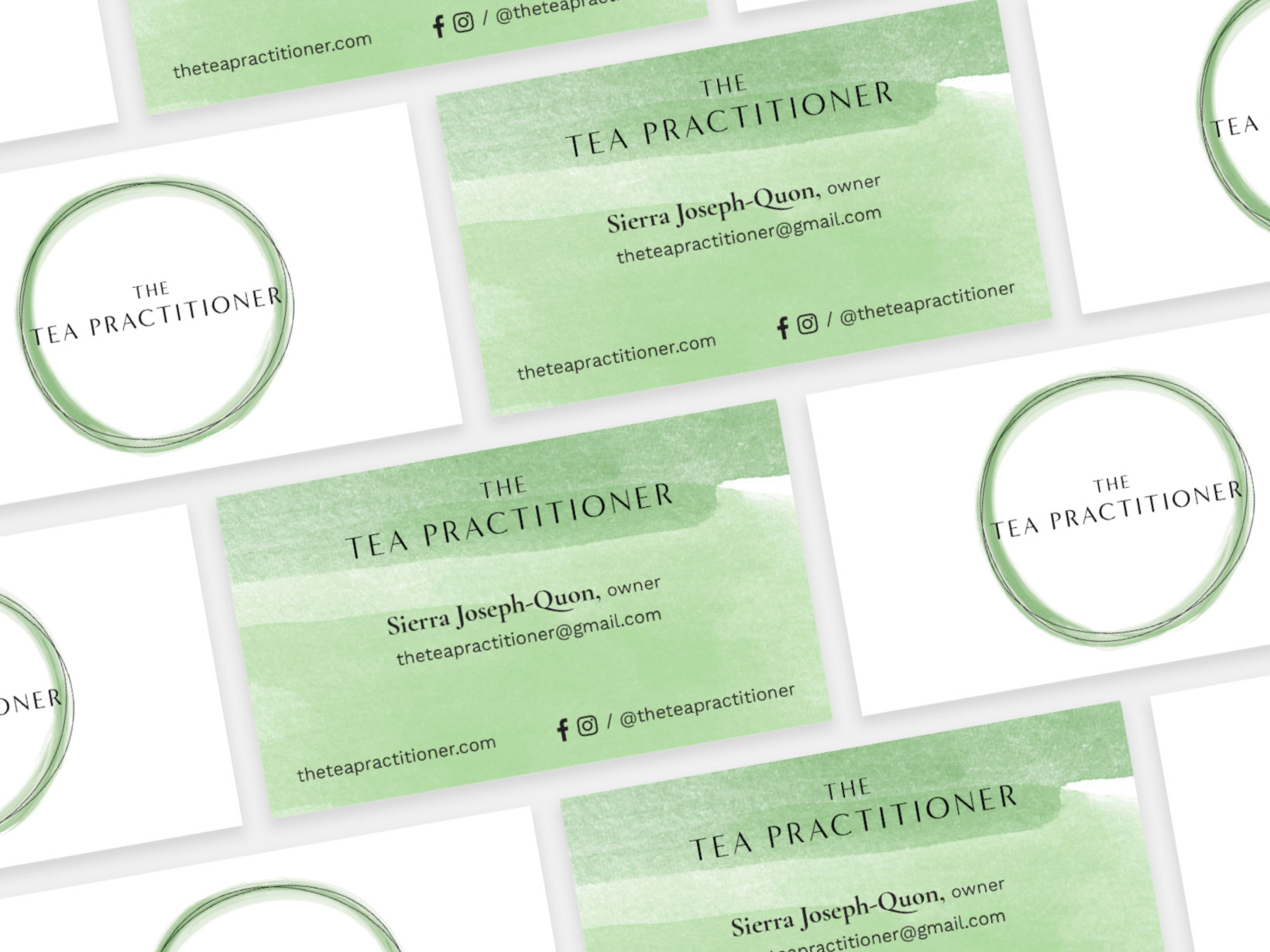 The Tea Practitioner business cards with Sierra Joseph Quon (founder)'s name and contact information. Email is 